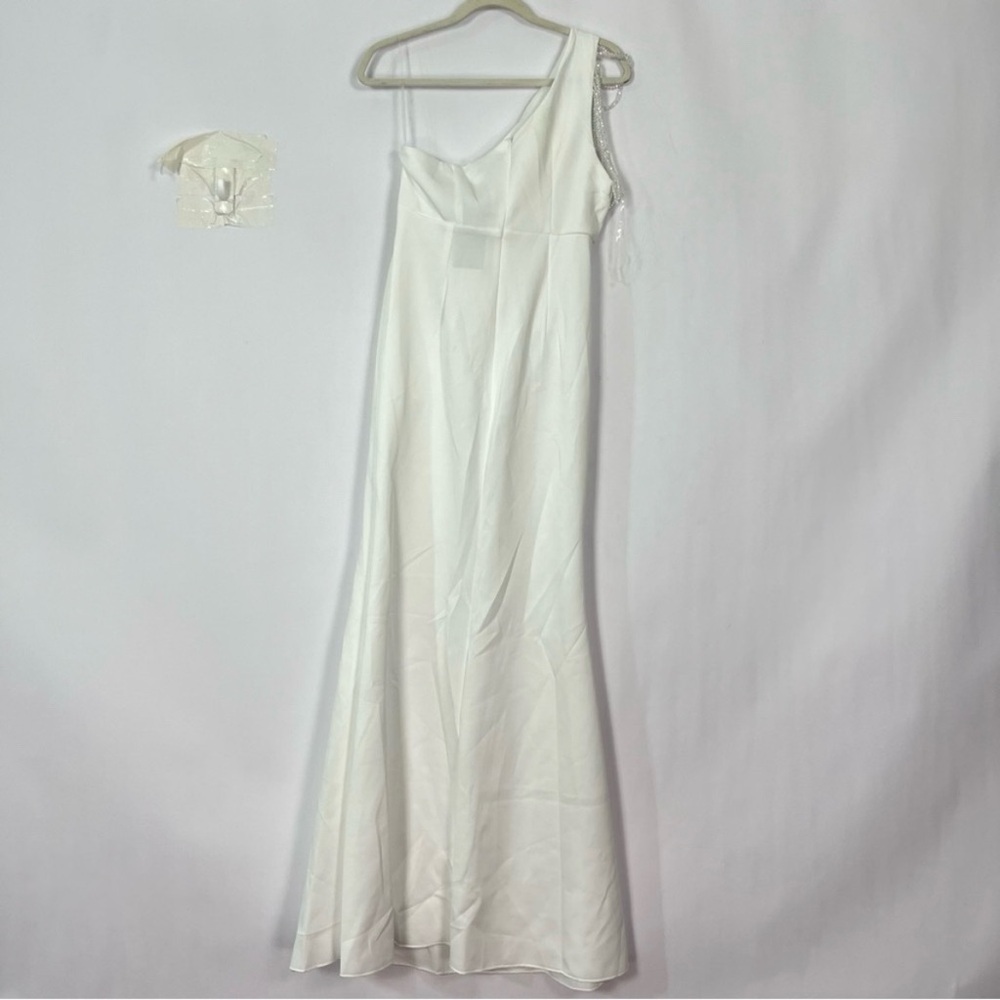 White One Shoulder Beaded Trim Ruched Side High Slit Dress Sz Large NWT - Picture 5 of 8